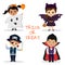 Set of four kids Halloween party characters. Children in colorful Halloween costumes ghost, pirate, vampire, bat in