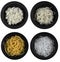 Set of four main dish of asian restaurant isolated on a white background, Cellophane or glass noodles, yellow yakisoba noodles,
