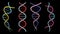 A set of four multicolored beautiful medical scientific twisted structures of spirals of abstract models of dna genes on a black