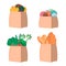 Set of four paper bags with groceries on white background. Vegetables, fruits, sweets, bakery products in eco package