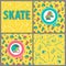 Set of four pictures: Skate board typography, seamless pattern,