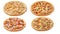 Set of four pizzas isolated on white background. Italian food concept. Appetizing pizza