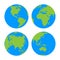 Set of four planet Earth globes with green land silhouette map