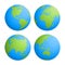 Set of four planet Earth globes with green land silhouette map on blue water background. 3D Vector illustration