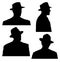 Set of four portrait silhouettes of men with fedora hat. Men dressed in 1940s style