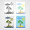 Set of four posters with tropical island with palms and waves