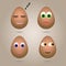 Set of four realistic brown chicken eggs. Eggs are painted with emotions in the form of funny faces. Vector: isolated on light b