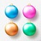 Set of Four realistic Christmas or New Year transparent Baubles, spheres or balls in different colors with golden caps