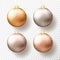 Set of Four realistic Christmas or New Year transparent Baubles, spheres or balls in different shades of metallic gold and silver