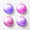 Set of Four realistic colored Christmas or New Year transparent Baubles, spheres or balls in bright purple colors with golden caps