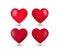 Set of four realistic red Valentine Hearts, shadow. Vector illustration