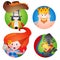 Set of four round of avatars with a picture of pirates. Captain, Neptune, Mermaid and a parrot. Cartoon illustration for