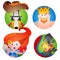 Set of four round of avatars with a picture of pirates. Captain, Neptune, Mermaid and a parrot. Cartoon illustration for gaming mo