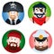 Set of four round of avatars with a picture of pirates and sailors. The pirate, sailor, fisherman and captain. Cartoon