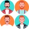 Set of four round icons of happy young men with sideburns, mustache and soul patch