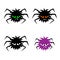 Set of four scary spiders with glowing eyes.