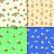 Set of four Seamless pattern of cartoon bees, hive and honey. Vector illustration Wallpaper background