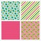Set of four seamless patterns with avocadoes, hearts, stripes and dots
