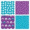 Set of four seamless patterns with dog heads, paws, bones and dog houses