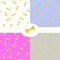 Set of four seamless patterns. Pasta, bubbles, white, gray, pink, blue background. To create packaging paper for products