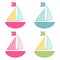 Set of four ships as retro fabric applique as baby shower elements