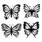 Set of four silhouettes of butterflies on a white isolated background. Insect.