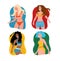 Set of four smiling girls dancing in bright swimsuits. Young women on the beach feeling happy. Colorful vector illustration