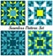 Set of four stylish geometric seamless patterns with triangles and squares of teal, yellow, blue and white shades