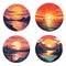 Set of four sunsets in the mountains and sea. Vector illustration