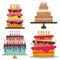 Set of four sweet birthday cake with burning candles