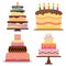 Set of four sweet birthday cake with burning candles.