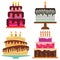 Set of four sweet birthday cake with burning candles.