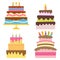 Set of four sweet birthday cake with burning candles