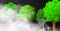 Set of four trees inside dense fog clouds isolated on the dark transparent background. Realistic Avalanche-like smoke at