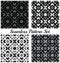 Set of four trendy geometric seamless patterns with rhombus, square, triangle and star shapes of black, grey and white shades