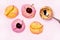 Set of Four Various Ice Cream Balls or Scoops Decorated with Fruits on Pink Background Top View Peach and Cherry Flavor Horizontal
