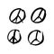 Set of four vector peace symbols. Sign pacifist, peace symbol, drawn by hand with a brush.