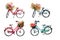 Set of four watercolor bicycles with flowers on white