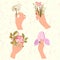 Set of four women hand are hold flowers bouquet with dandelion, lilac iris, rose, berry bunch, leaf branch.