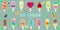 A set of fourteen stickers ice cream cute kawaii character smile, with fruit and chocolate on a stick, fruits and berries in a