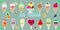 A set of fourteen stickers ice cream cute kawaii character smile, in a waffle cup and on a stick, fruits and berries in a white