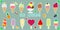 A set of fourteen stickers of various sweet ice cream, in a waffle cup and on a stick, juicy fruits and berries in a