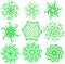 Set of fractals and elements of rotation and torsion in shades of green colors