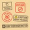 Set of fragile sticker keep refrigerated and case icon packaging symbols sign, do not stack, and caution heavy package rubber stam