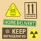 Set of fragile sticker keep refrigerated and case icon packaging symbols sign, Home delivery, toxic rubber stamp on cardboard back