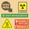 Set of fragile sticker keep refrigerated and case icon packaging symbols sign, open here, and toxic package rubber stamp