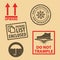 Set of fragile sticker Keep Refrigerated icon packaging symbols sign, Do Not Trample rubber stamp on cardboard background, vector