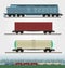 Set of freight train cargo cars. Container, tank, hopper and box