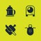 Set French press, Kitchen apron, Cutting board and knife and timer icon. Vector