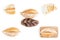 Set of fresh brown and white bread collage on white background.Wheat bread.Top view.Isolated on white